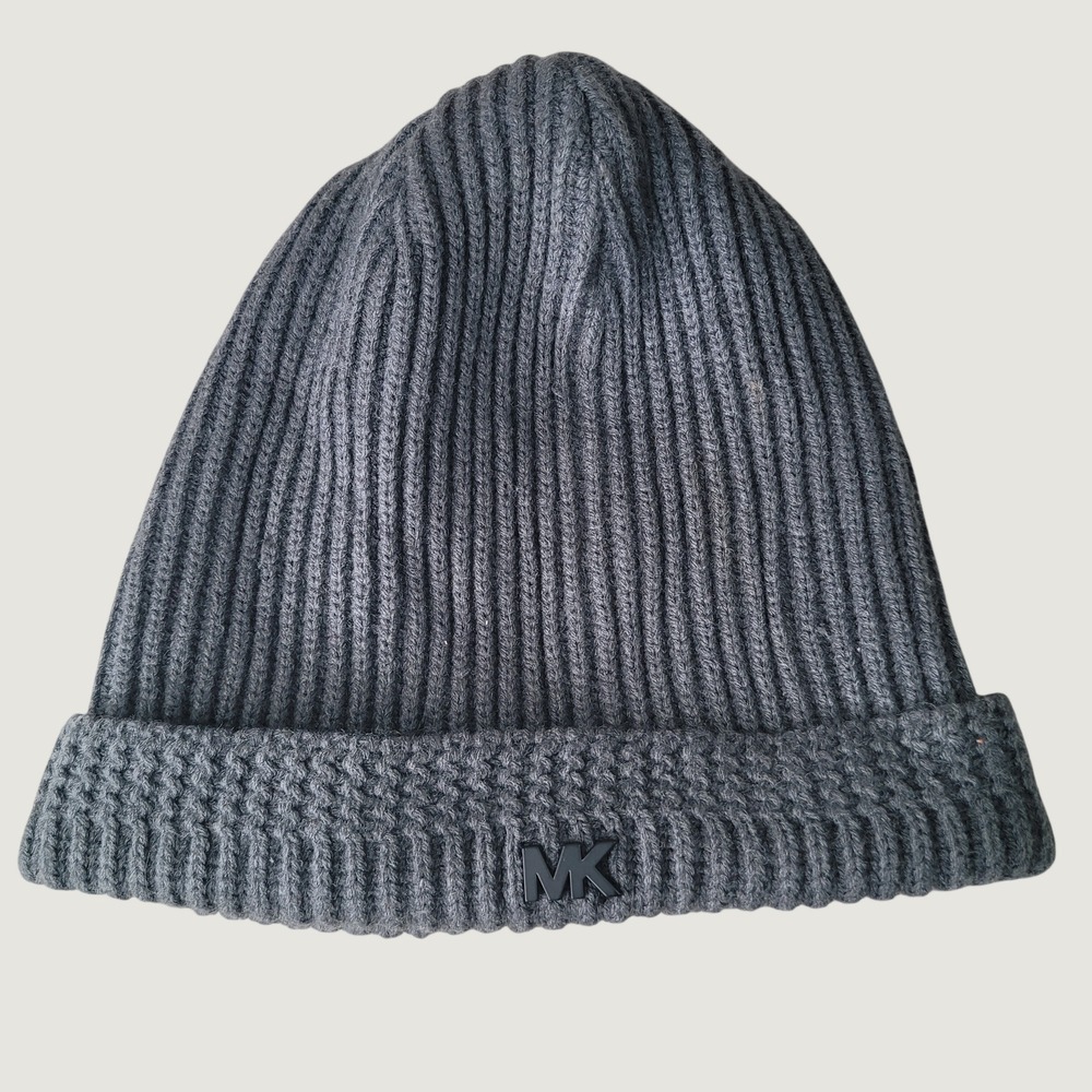 Michael Kors Mens Gray Ribbed Knit Beanie Hat Cuffed MK Logo Charcoal Cap